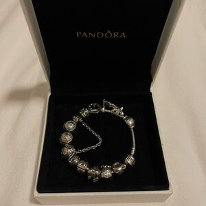 Pandora Sterling Silver 925 Bracelet with 12 Charms & 1 Safety Chain